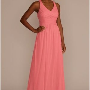 David's Bridal Coral Reef (pink) Mesh Long Bridesmaid Dress with Crisscross Back